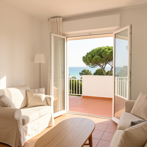 Studio lumineux à Juan-les-Pins avec intérieur blanc, balcon méditerranéen ensoleillé, pins et aperçu de la mer turquoise.