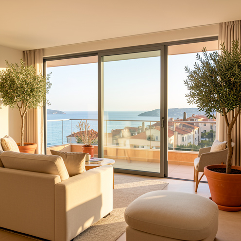 Appartement contemporain lumineux à Antibes avec balcon ensoleillé, vue sur la mer Méditerranée et les toits de la vieille ville.