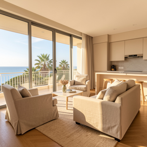 Appartement lumineux et contemporain à Juan-les-Pins, avec une terrasse ensoleillée donnant sur la mer Méditerranée.