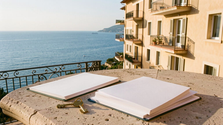 Immeuble résidentiel méditerranéen avec vue sur la mer et clé posée devant des dossiers juridiques vierges, évoquant la vente réfléchie d’un logement occupé sur la Côte d’Azur.