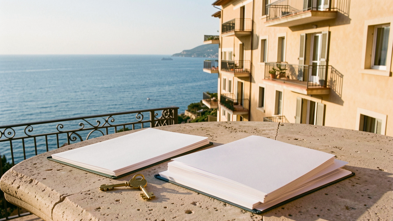 Immeuble résidentiel méditerranéen avec vue sur la mer et clé posée devant des dossiers juridiques vierges, évoquant la vente réfléchie d’un logement occupé sur la Côte d’Azur.